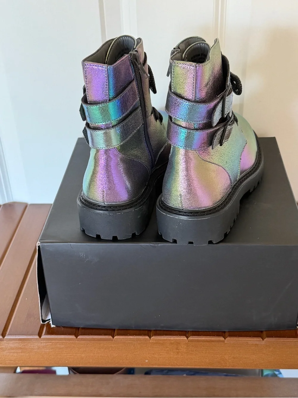 BCBG Girls Rainbow Iridescent Holographic Combat Boots - Black Laces Size 3M